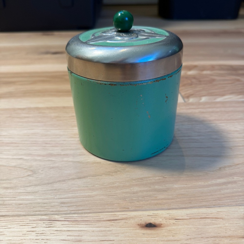 Vintage Metal Canister Green Silver Floral Trillium Lid Retro Tin 1950s MCM